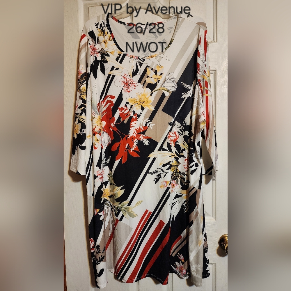 Avenue Floral & Stripe Midi Dress — Black, White, Red, Yellow